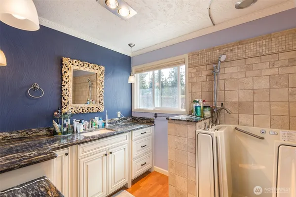 a bathroom with a granite countertop sink mirror and a bathtub