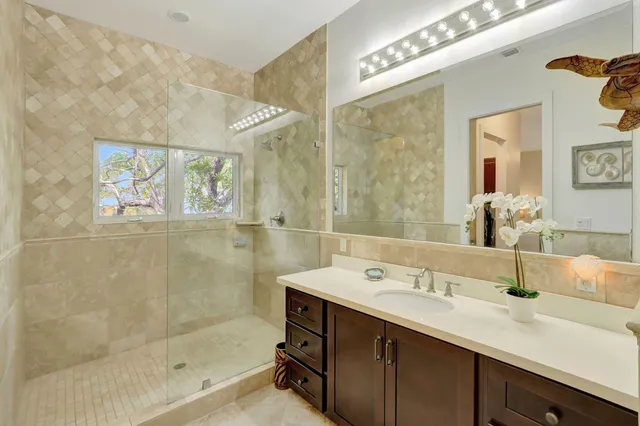 a bathroom with a sink mirror and a shower