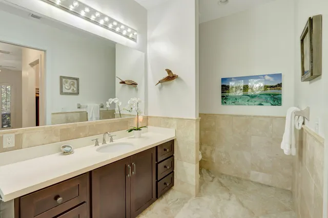 a bathroom with a double vanity sink a mirror and a shower