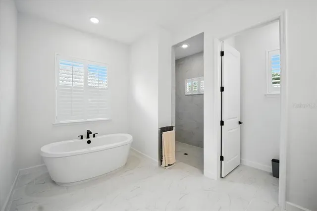 a bathroom with a bathtub and shower