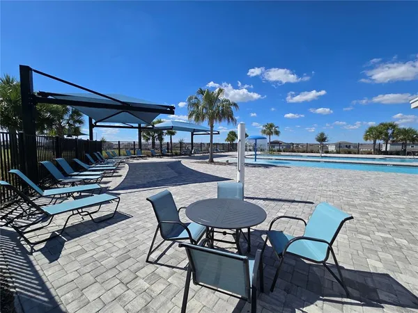 a view of a chairs and table in patio with a dining space