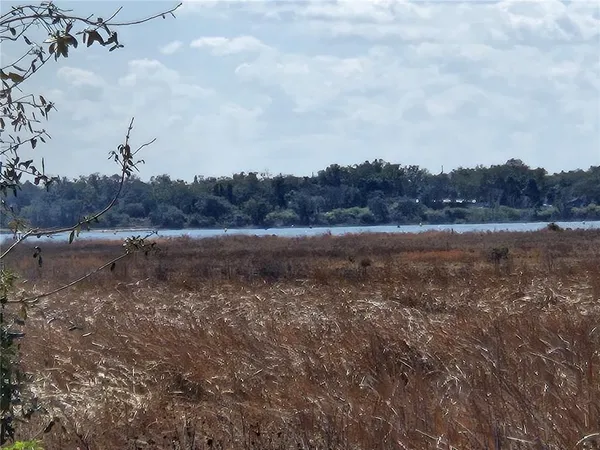 a view of a lake with houses in back