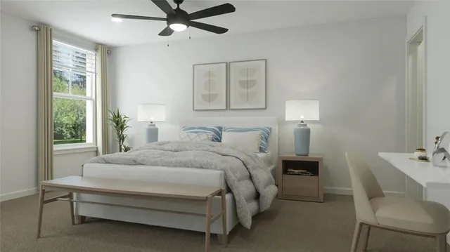 a bedroom with a bed and a table