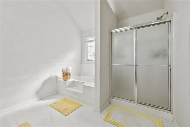 a bathroom with a bathtub and a shower