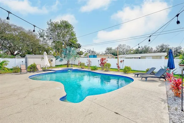 a view of a swimming pool with a yard