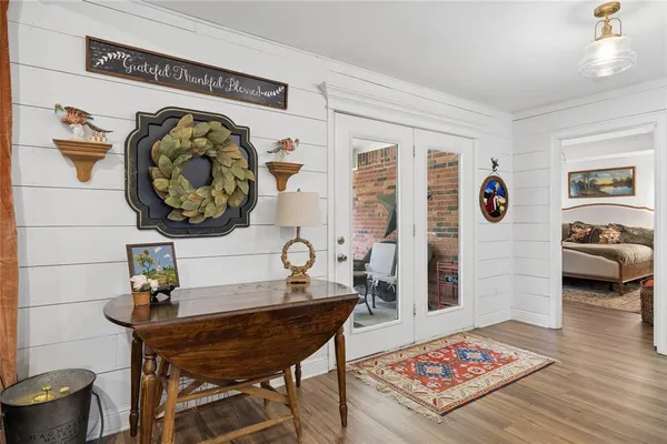 a living room with furniture and a table