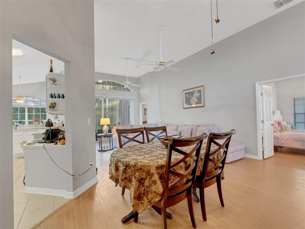 411 Ridge View Drive Davenport, FL 33837 - Photo 15 of 24 a view of a dining room and livingroom with furniture wooden floor a rug a flat screen tv a painting and a chandelier