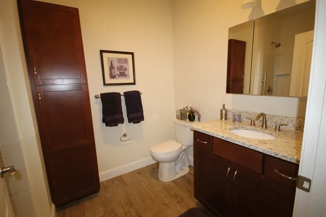 a bathroom with a granite countertop toilet sink and mirror