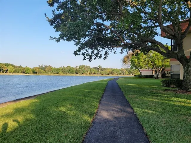 a view of a garden with a lake