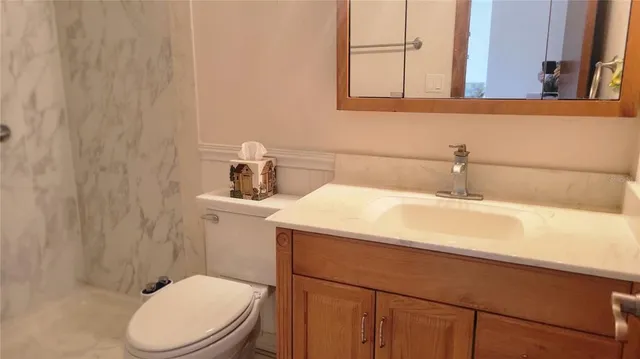 a bathroom with a sink a toilet and mirror