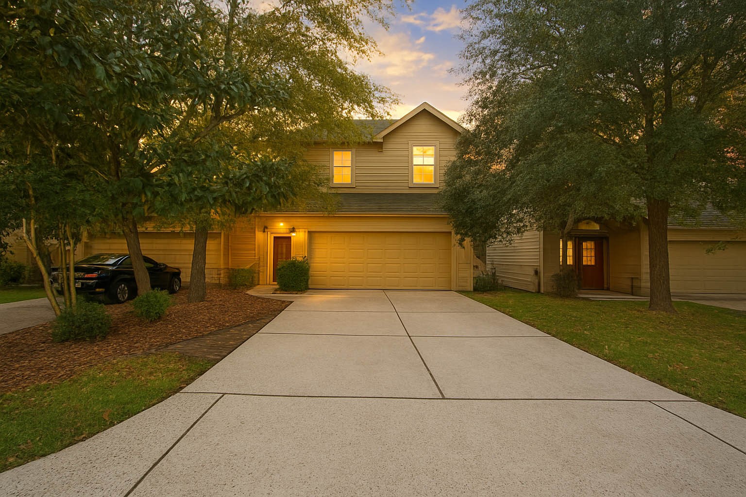 a front view of a house with a yard and trees