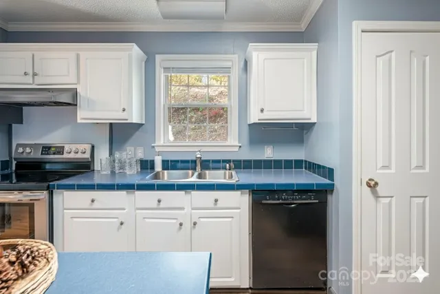 a kitchen with stainless steel appliances granite countertop a stove a sink and white cabinets