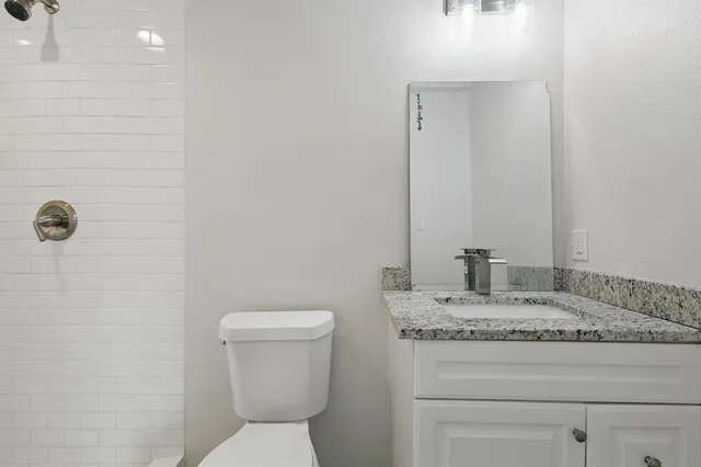 a bathroom with a granite countertop sink and a toilet