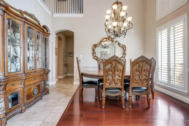 a view of a dining room with furniture wooden floor and chandelier