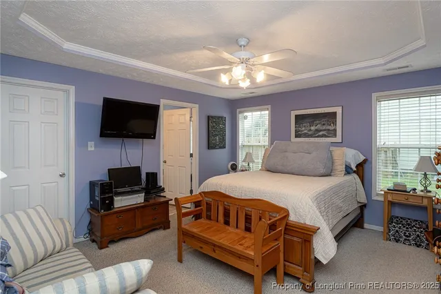 a bedroom with a bed a couch and a flat screen tv