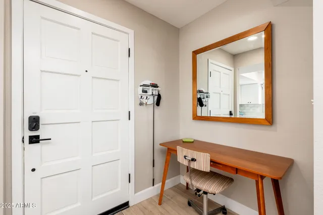 a view of a hallway with elevator