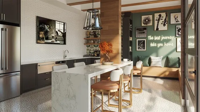 a view of a dining room with furniture