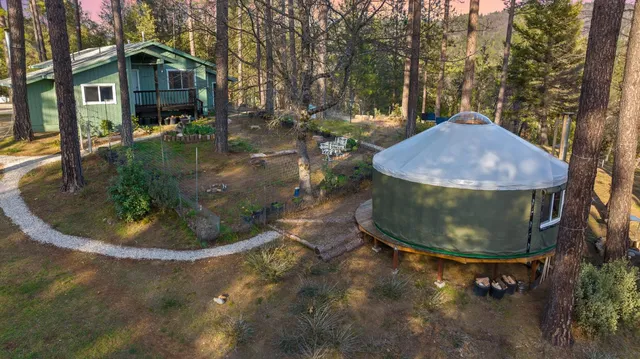 a view of dirt yard with large trees