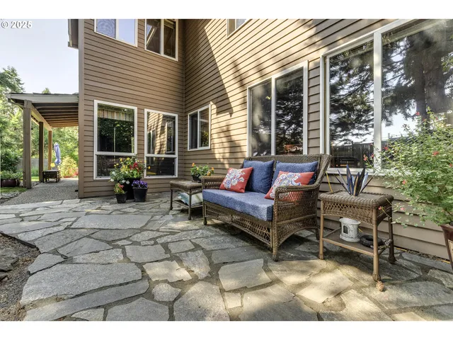 a building outdoor space with patio furniture