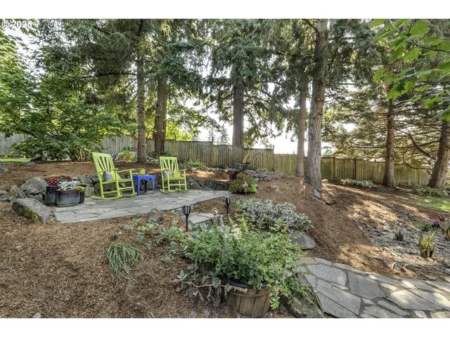 a backyard of a house with table and chairs