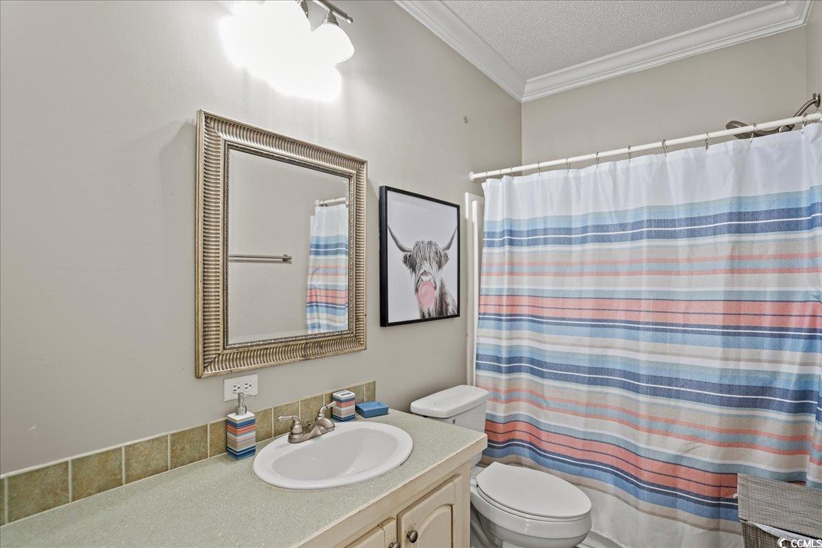 706 Beverly Hills Road Camden, SC 29020 - Photo 15 of 25 Full bath with a textured ceiling, curtained shower, vanity, and ornamental molding
