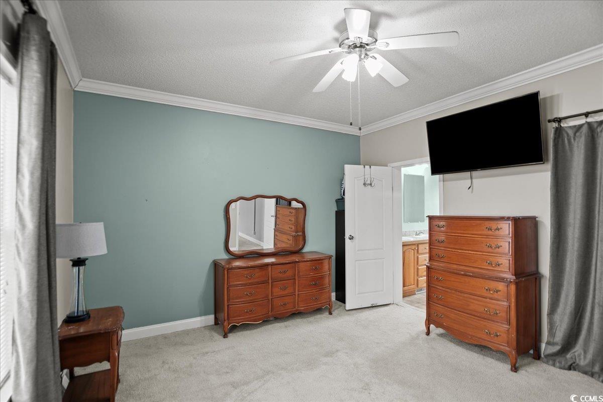 706 Beverly Hills Road Camden, SC 29020 - Photo 18 of 25 Bedroom with crown molding, a ceiling fan, light colored carpet, ensuite bathroom, and a textured ceiling
