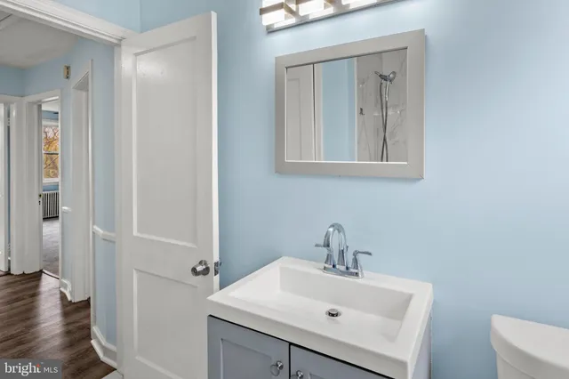 a bathroom with a sink a toilet and mirror