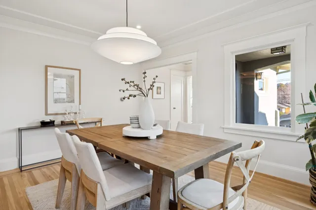 a view of a dining room with furniture