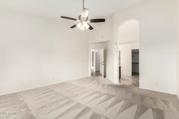 an empty room with a bathroom