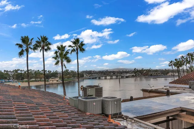 a view of a lake with boats and palm trees