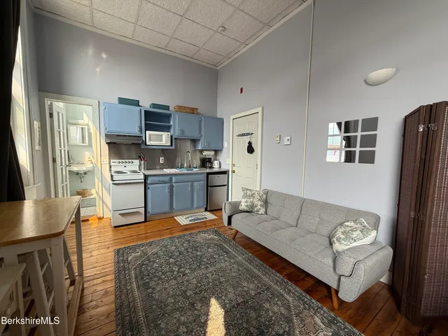a living room with stainless steel appliances furniture and a kitchen view