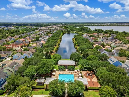 an aerial view of a house with a garden