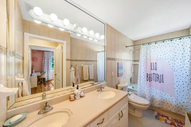 a bathroom with a double vanity sink mirror and toilet