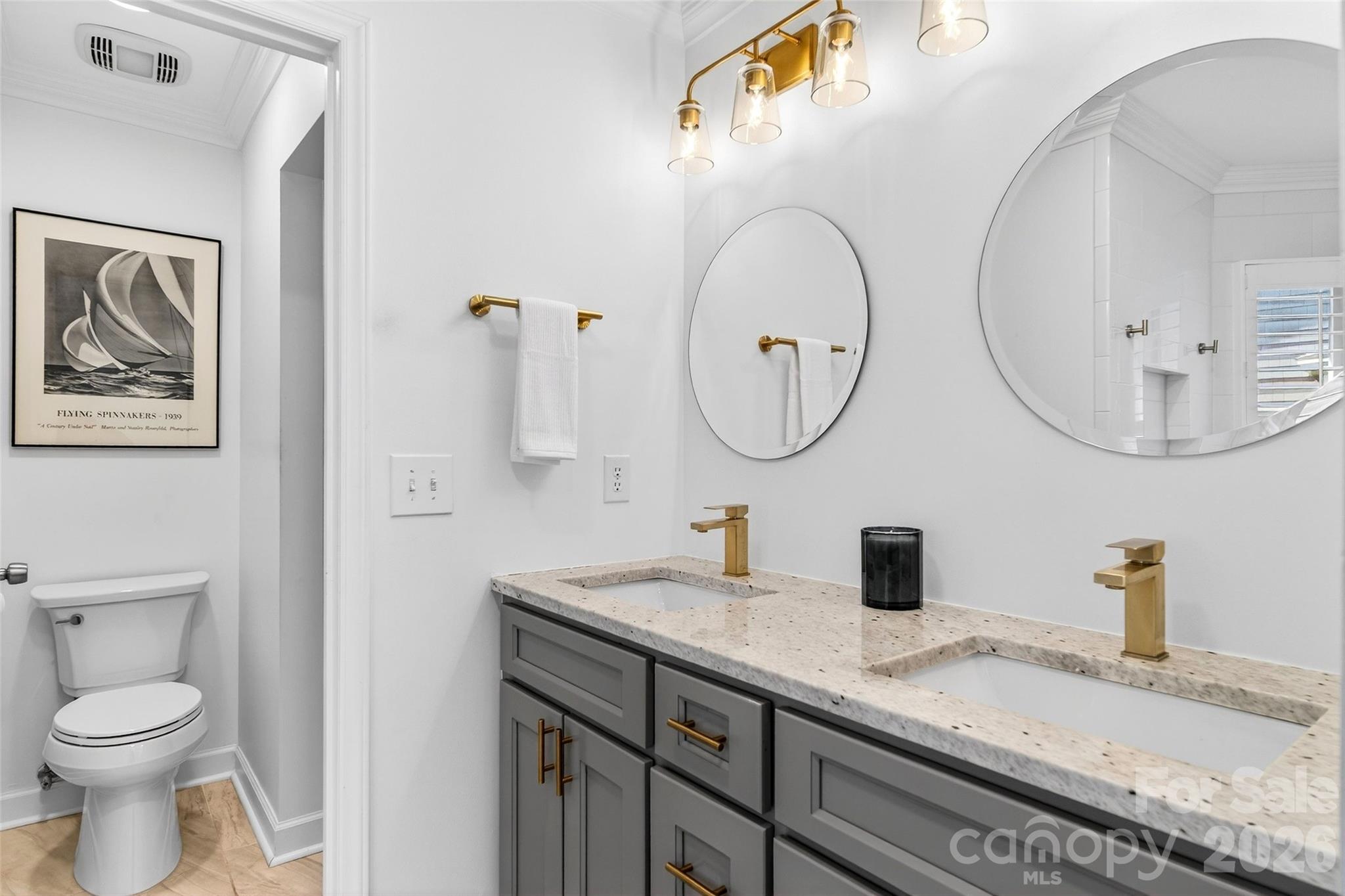 18521 Vineyard Point Lane Cornelius, NC 28031 - Photo 13 of 27 a bathroom with a granite countertop toilet a sink and a mirror