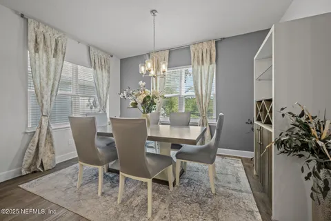 a view of a dining room with furniture window and outside view