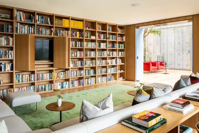 a view of a building with a garden