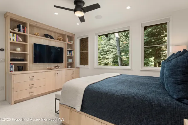 a bedroom with a large bed and a flat screen tv