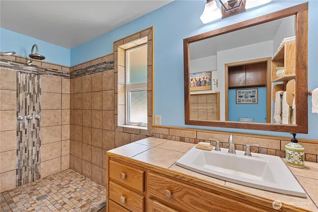 a bathroom with a sink and a shower