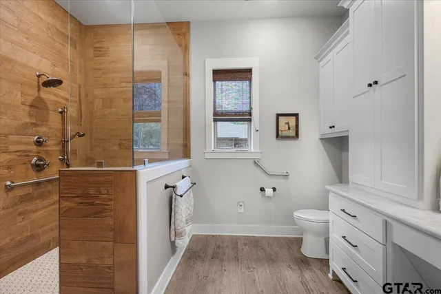 a bathroom with a granite countertop toilet a sink a mirror and shower