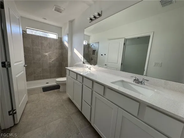 a bathroom with a double vanity sink toilet mirror and shower