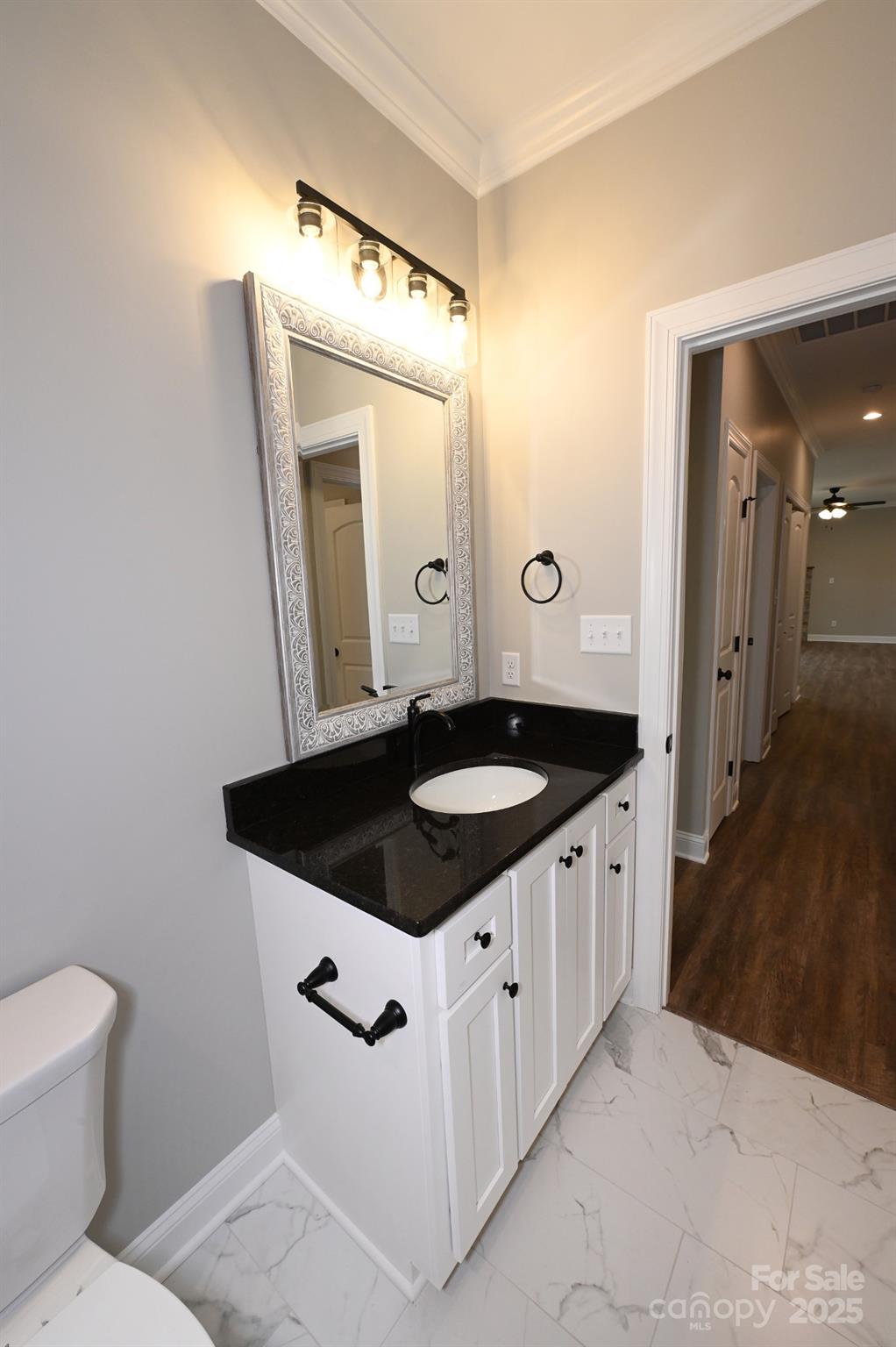 3835 Sulphur Springs Road Northeast Hickory, NC 28601 - Photo 42 of 44 a bathroom with a granite countertop sink a mirror and a toilet