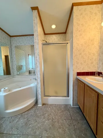 a bathroom with a tub a mirror and a shower