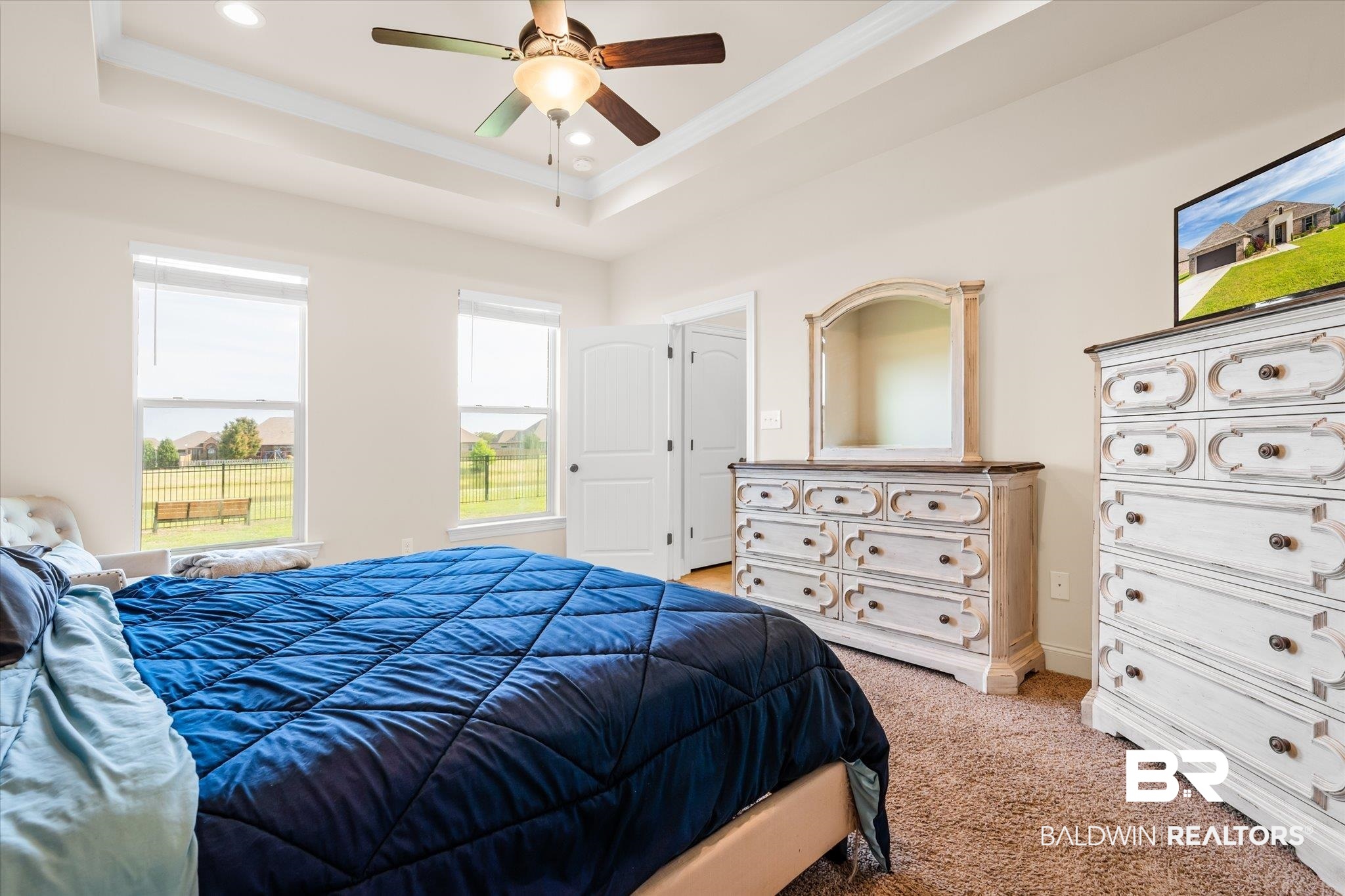 9912 Dunleith Loop Daphne, AL 36526 - Photo 9 of 23 Carpeted bedroom with crown molding, a ceiling fan, and recessed lighting