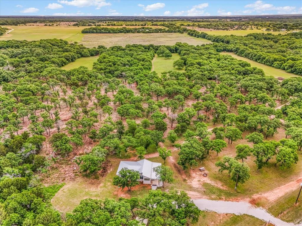 304 County Road 340 Ranger, TX 76470 - Photo 22 of 30 Single-story residence set amidst an expansive wooded landscape, featuring a light-colored exterior and a gray gable roof