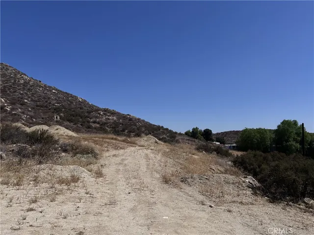 a view of a dry yard with trees in the background