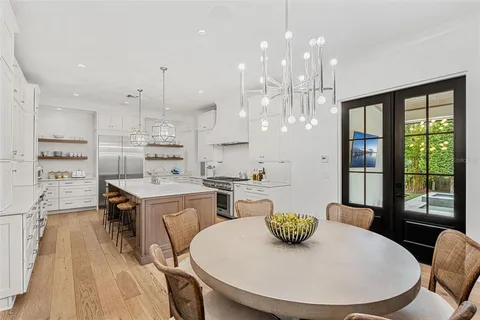 a kitchen with a table and chairs in it