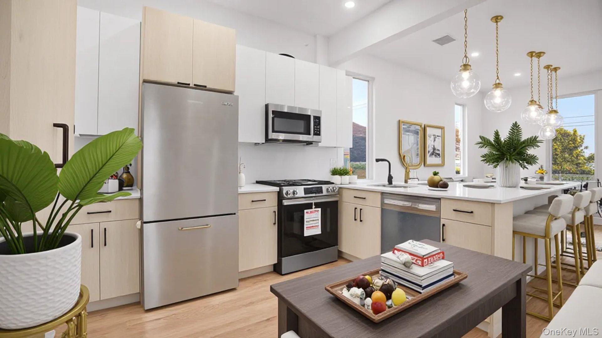 3239 Tierney Place Bronx, NY 10465 - Photo 3 of 31 Kitchen with stainless steel appliances, hanging light fixtures, light wood-style floors, a peninsula, and light brown cabinetry