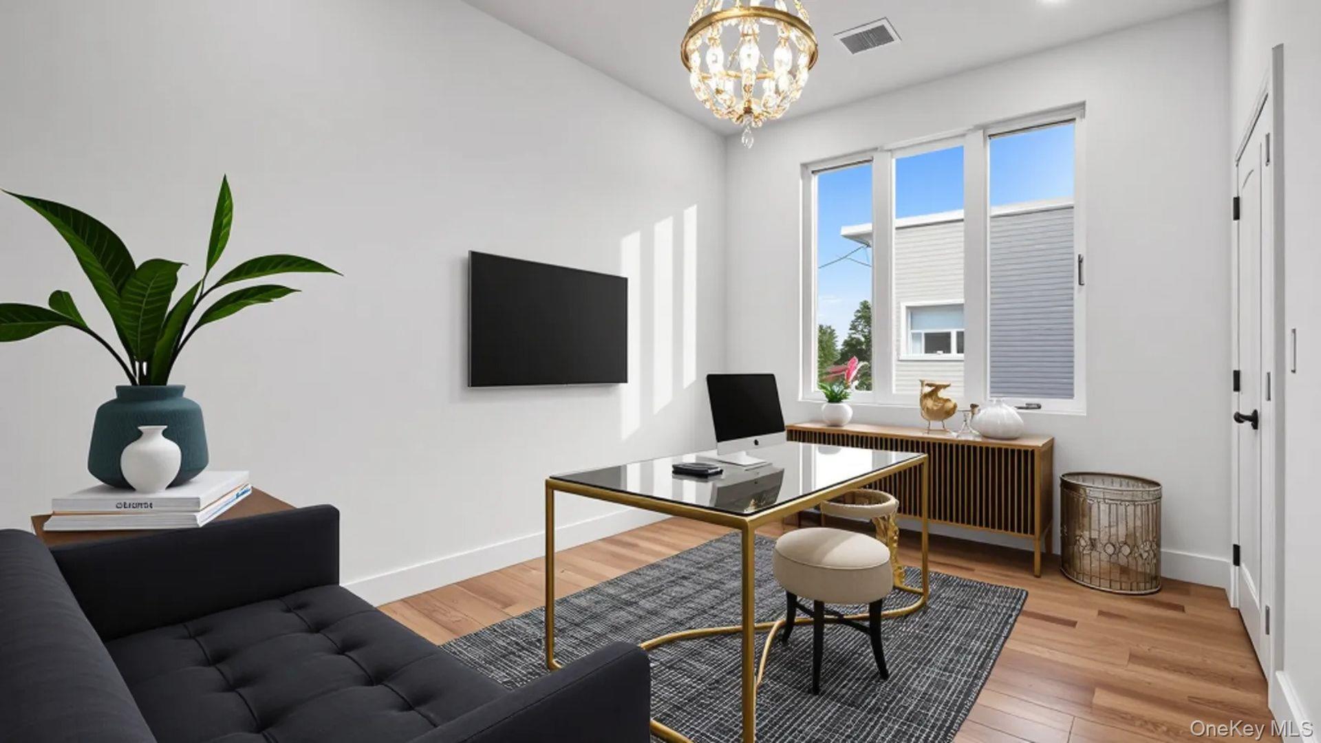 3239 Tierney Place Bronx, NY 10465 - Photo 7 of 31 Office area with light wood-style flooring, radiator heating unit, and a chandelier