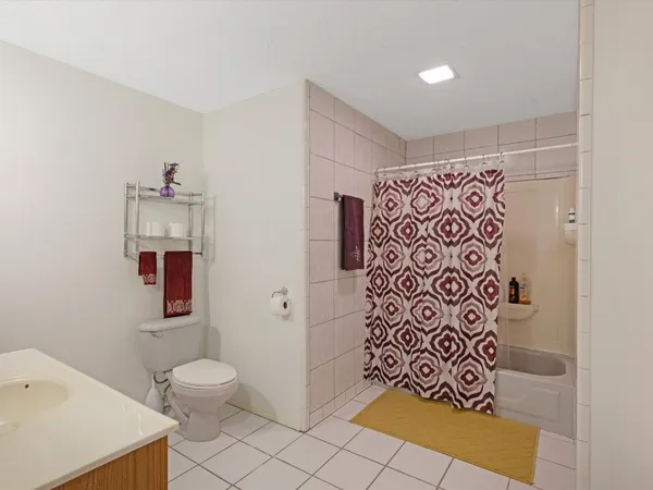 a bathroom with a shower and a toilet
