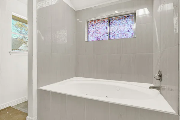 a bathroom with a bathtub